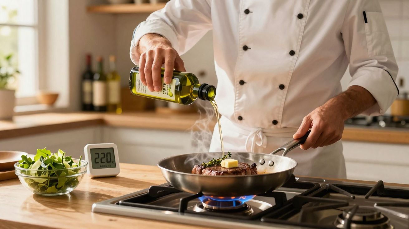 Chef usando jaqueta branca colocando azeite em frigideira com carne e manteiga em fogão a gás.