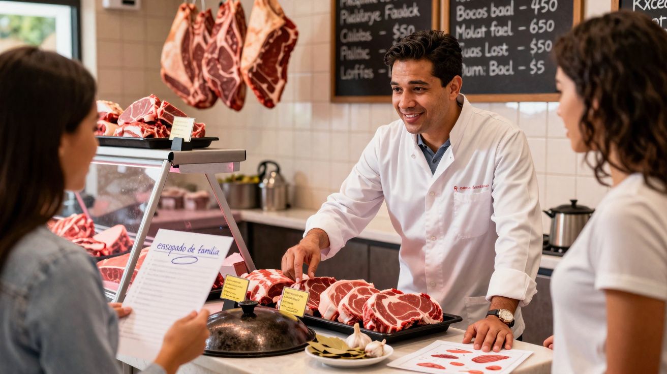 Talhante sorridente atendendo duas clientes em açougue com carnes expostas e cardápio ao fundo.