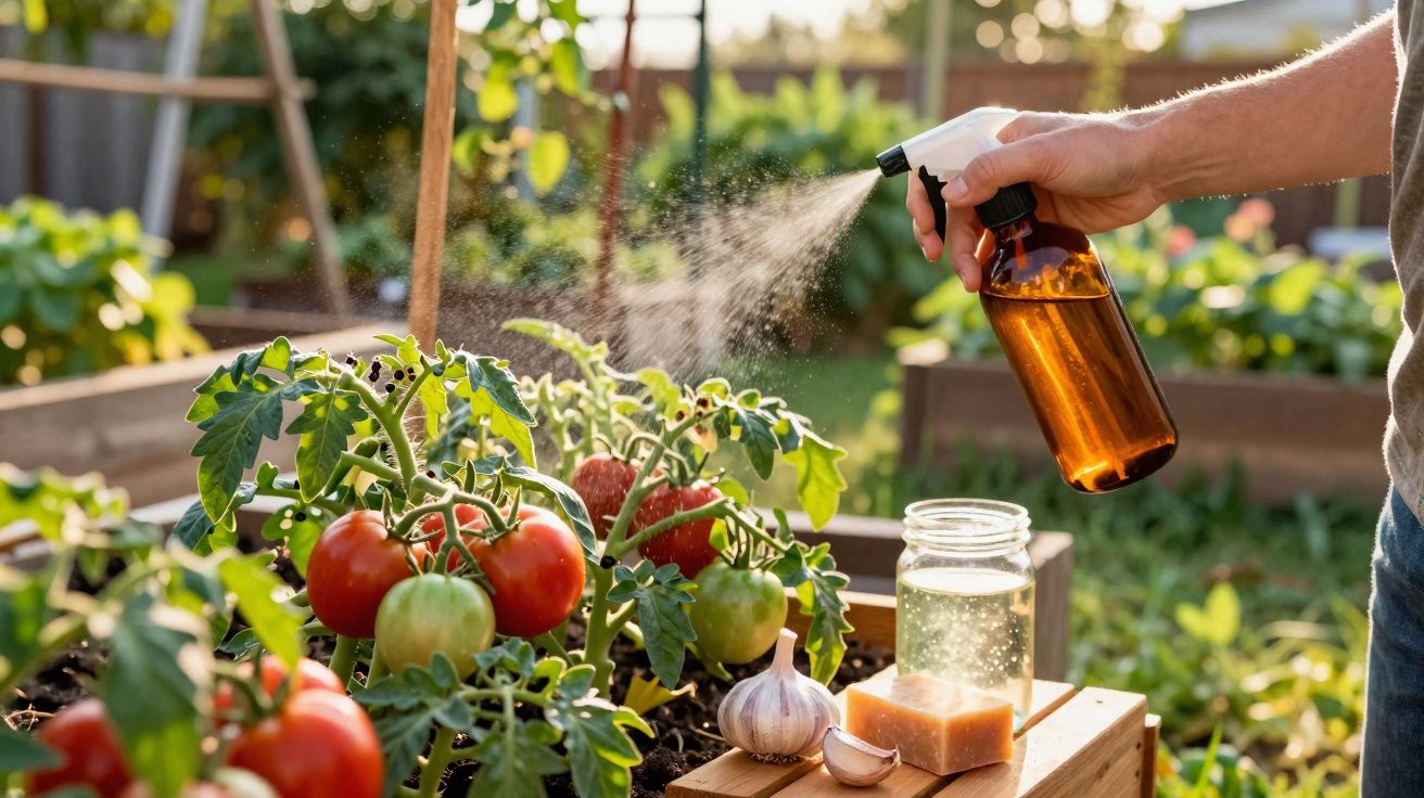 Pessoa borrifando solução em planta de tomate em horta ao ar livre com alho e sabonete ao lado.