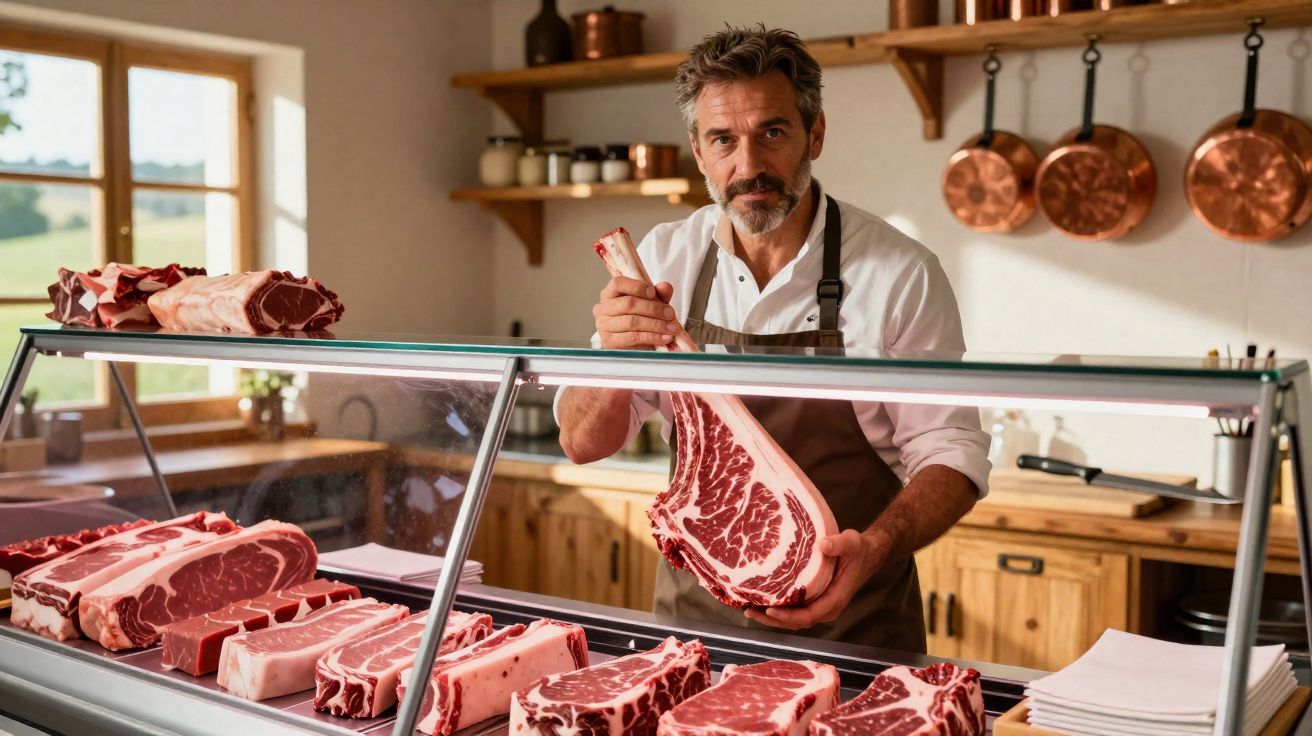 Açougueiro com avental marrom segurando grande corte de carne bovina em loja com diversas carnes expostas.