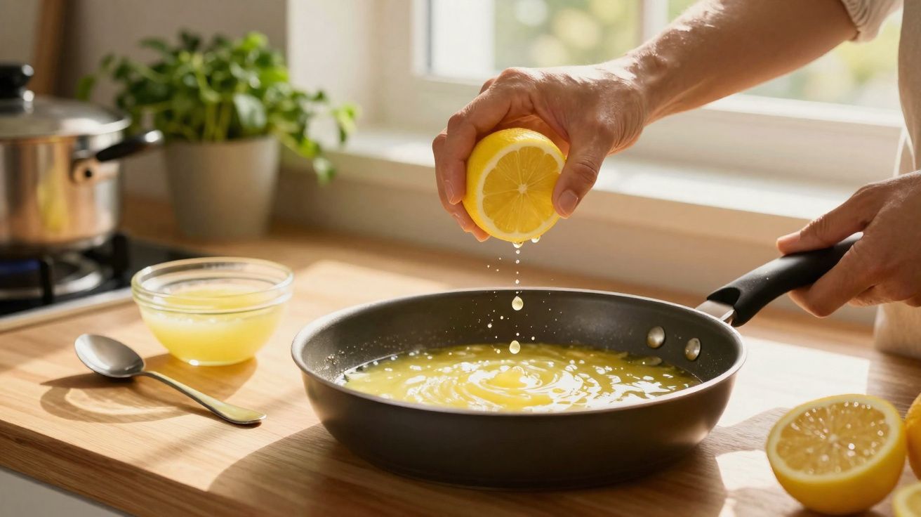 Mãos espremendo limão sobre frigideira com líquido amarelo na bancada da cozinha.