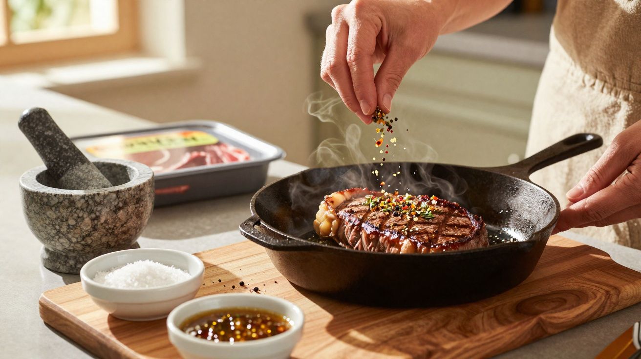 Pessoa temperando bife grelhado em frigideira de ferro fundido na cozinha.