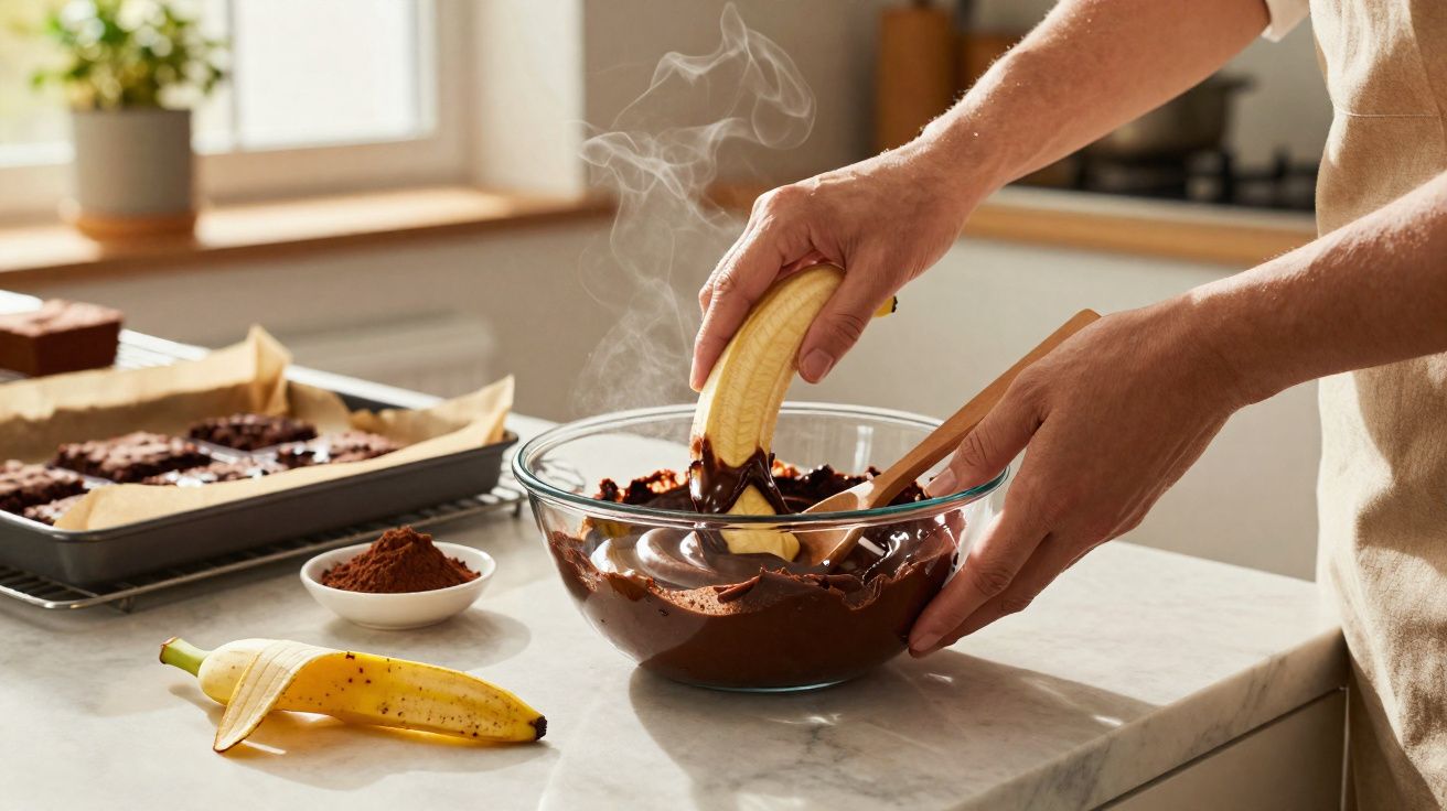 Pessoa mergulhando banana em chocolate derretido em tigela de vidro na cozinha iluminada.