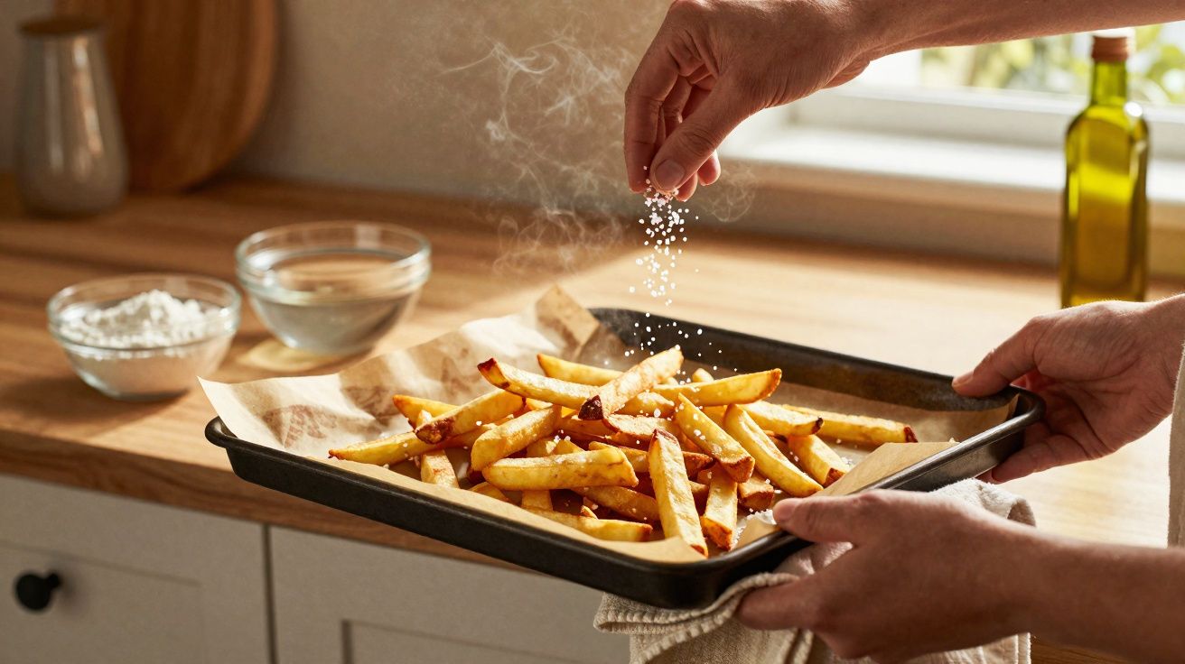 Mãos temperando batatas fritas quentes com sal em uma assadeira na cozinha iluminada.