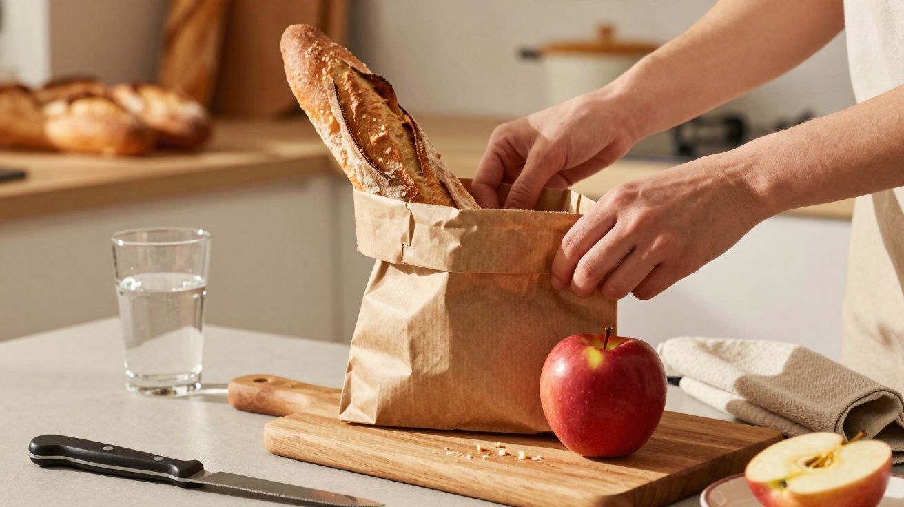 Pessoa guardando pão francês em sacola de papel em cozinha, com maçã e copo d'água na mesa.