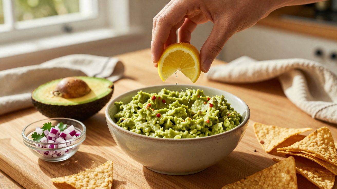 Mão espremendo limão sobre bowl de guacamole com chips de tortilla e ingredientes ao fundo.