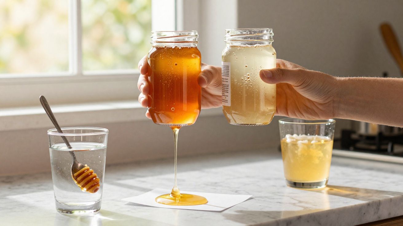 Duas mãos segurando potes transparentes com líquidos, um deles derramando mel sobre o balcão.