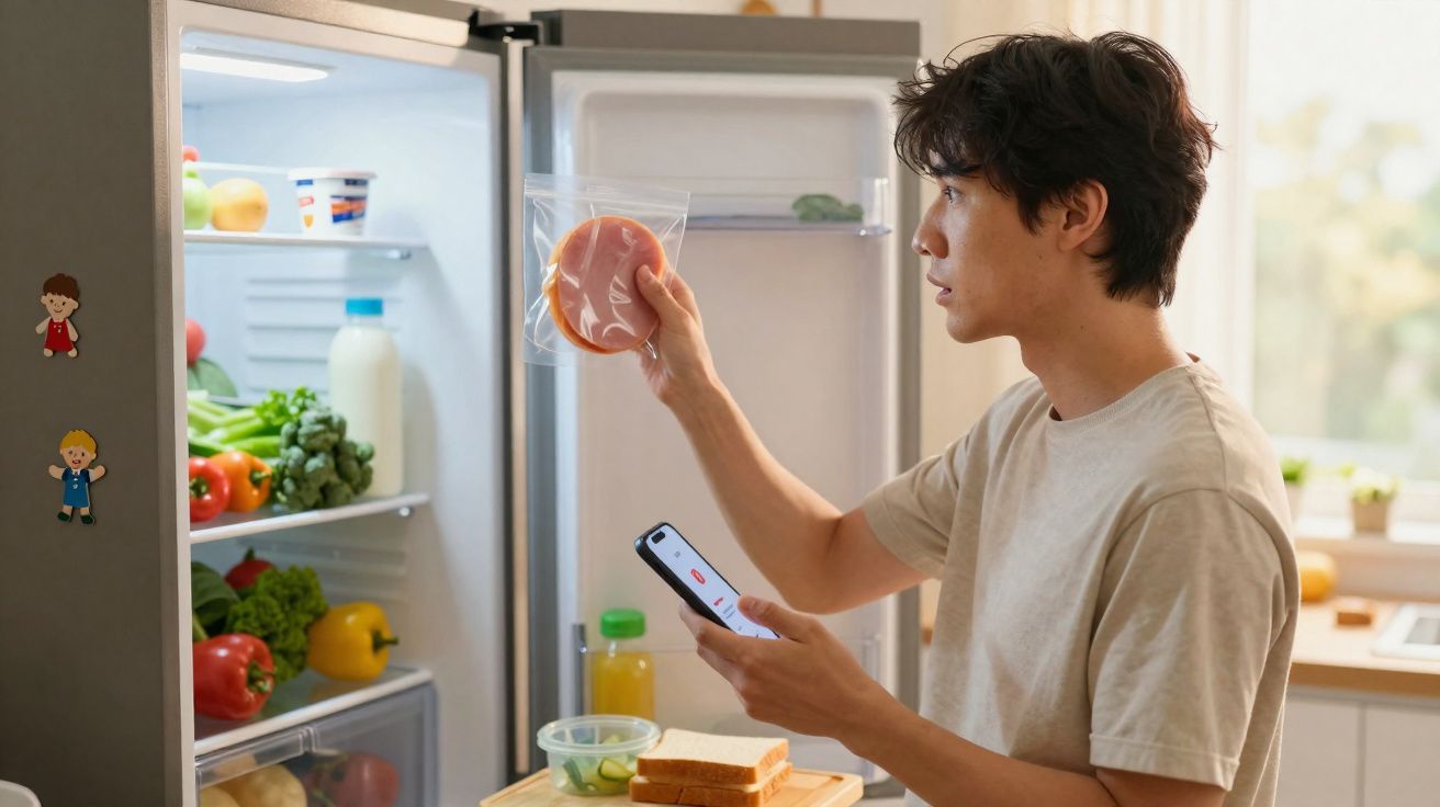 Homem olhando para alimento embalado retirado da geladeira, segurando celular na cozinha iluminada.