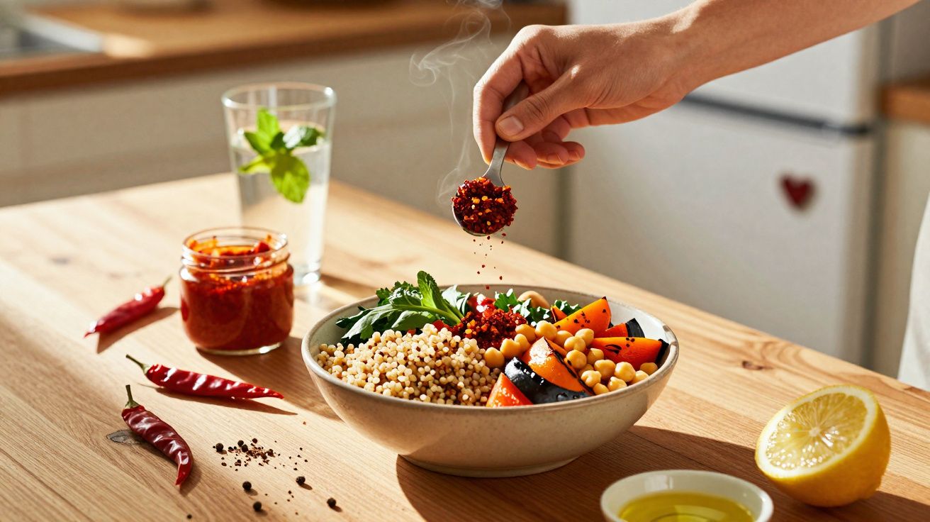 Mão adiciona tempero picante em salada colorida com grão-de-bico, quinoa e legumes em tigela.
