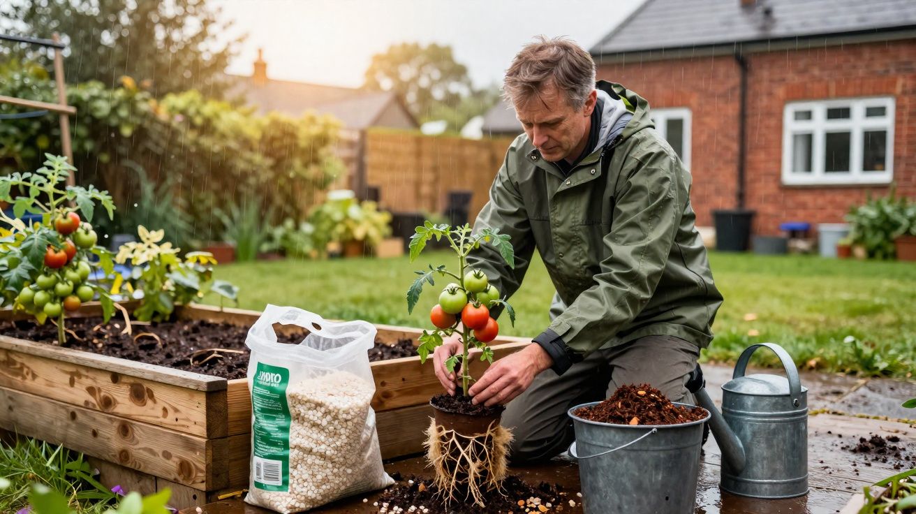 Homem cuidando de planta de tomate em jardim com regador e vasos próximos em jardim residencial.