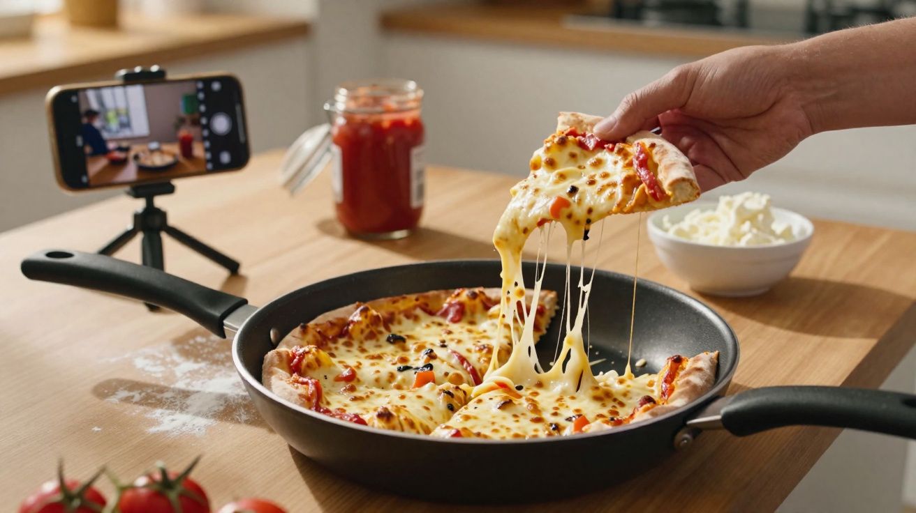 Pizza com queijo derretido sendo retirada de frigideira, smartphone tirando foto na bancada da cozinha.