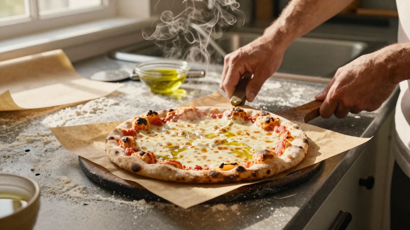Mãos cortando pizza quente de queijo e tomate com cortador em cozinha ensolarada.
