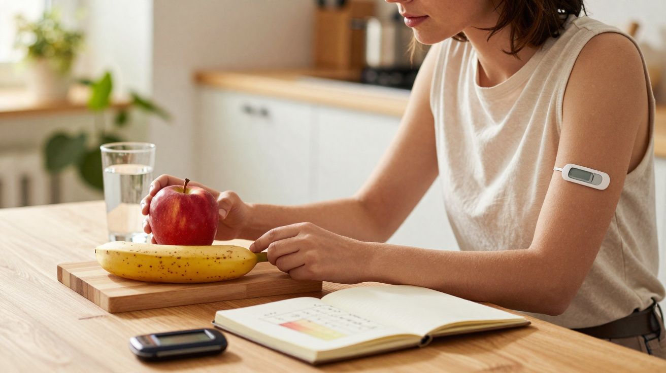 Mulher com sensor de glicose no braço segurando maçã, com banana, caderno e monitor de glicemia na mesa.