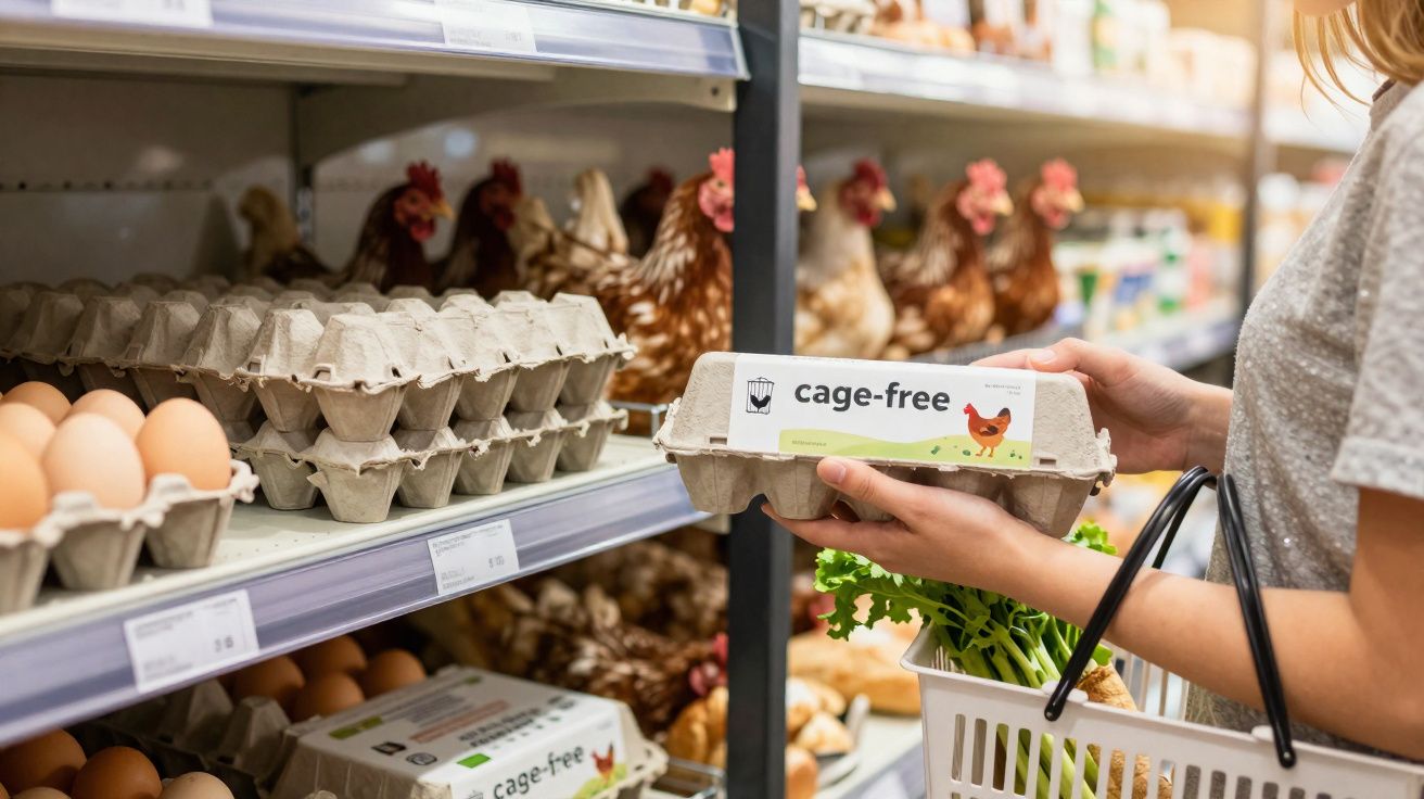 Pessoa em loja segurando embalagem de ovos cage-free com galinhas ao fundo na prateleira.