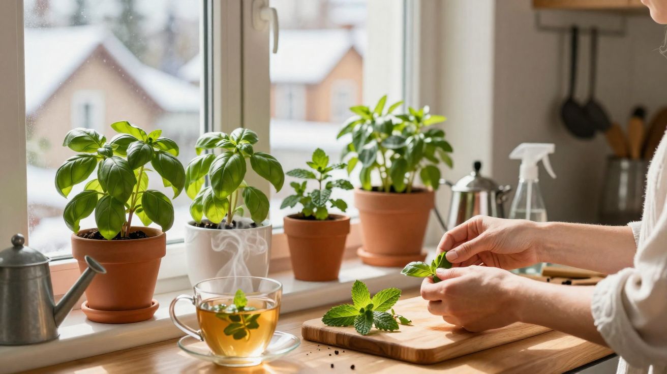Pessoa colhendo ervas em uma tábua na cozinha com plantas em vasos e chá ao lado na janela.