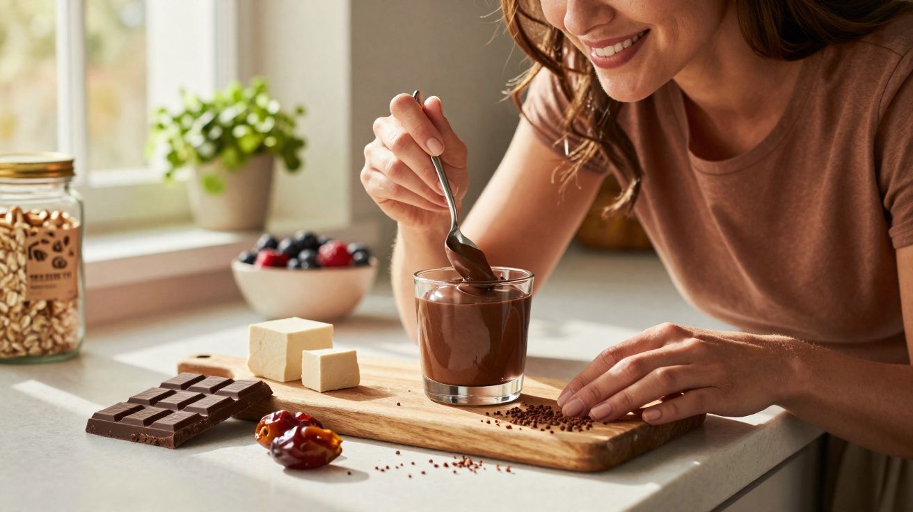 Mulher sorridente preparando mousse de chocolate em copo na cozinha com ingredientes ao redor.