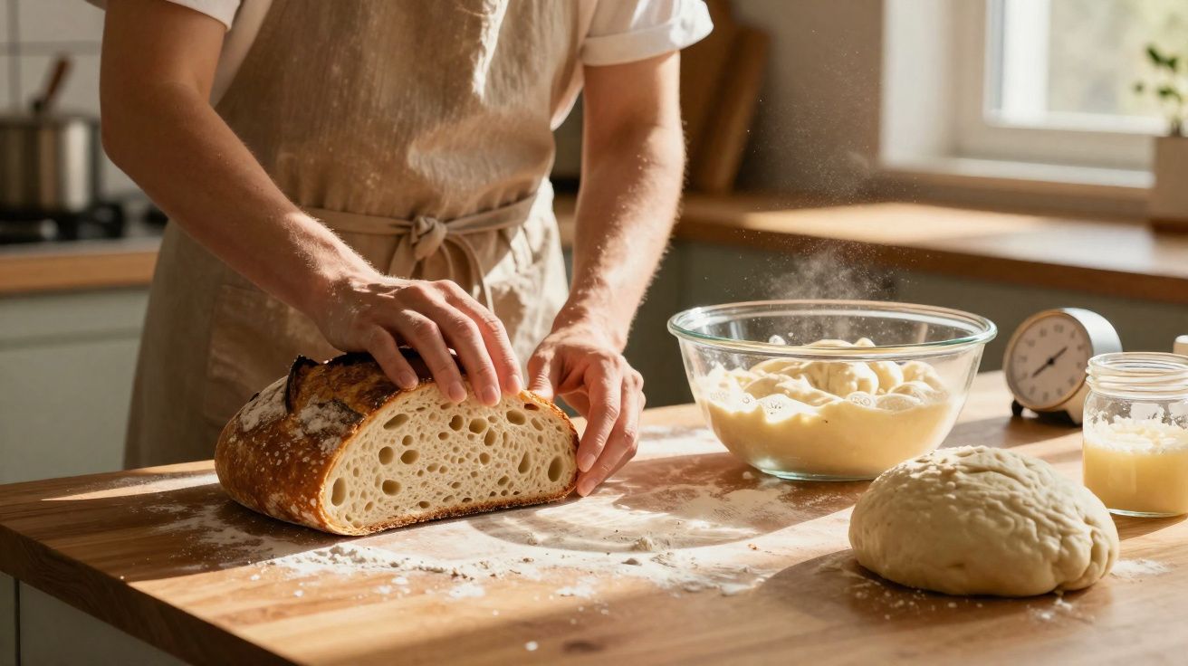 Pessoa cortando pão caseiro em bancada de madeira com massa e utensílios ao fundo na cozinha.