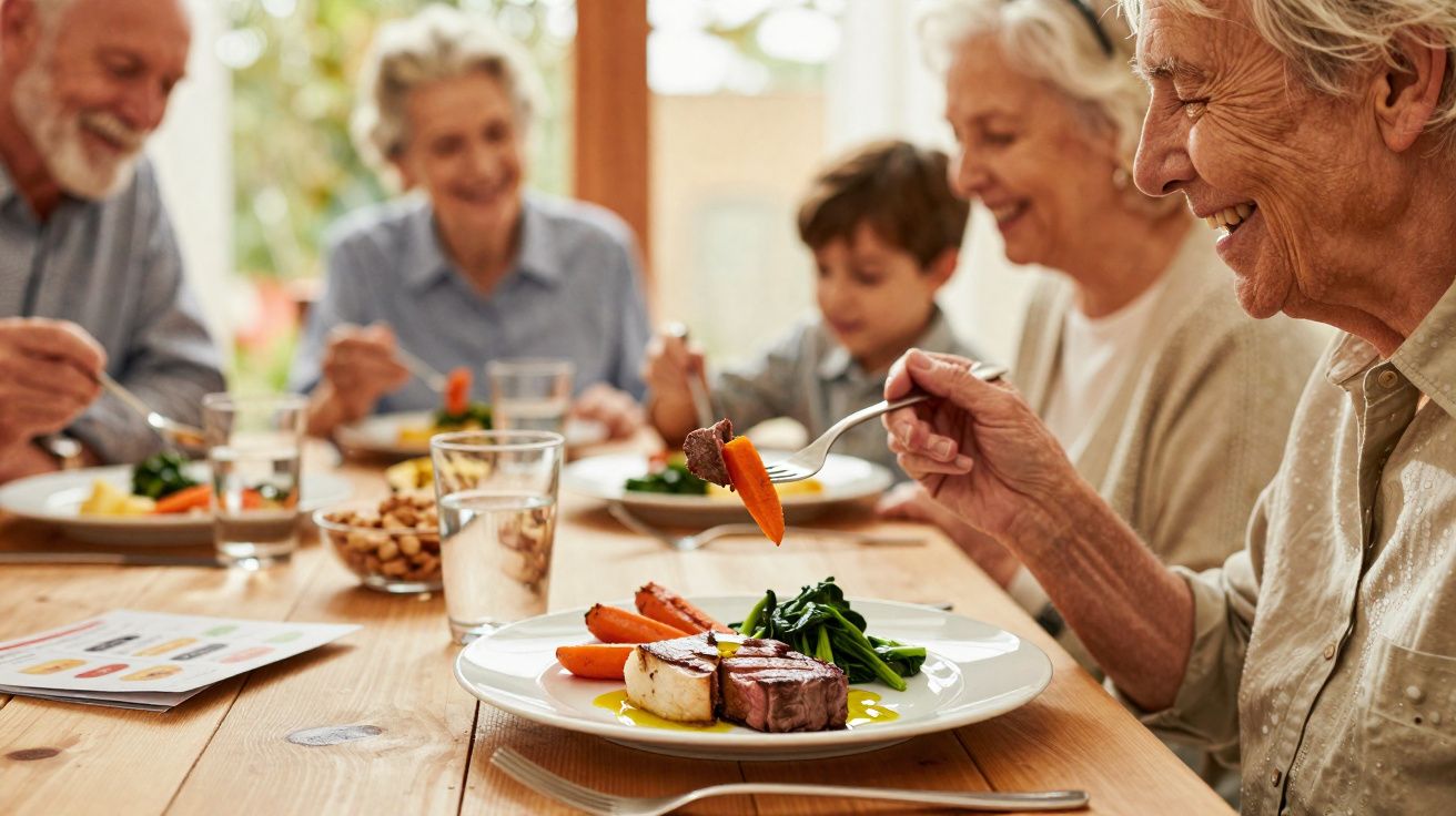Família de várias gerações saboreando uma refeição juntos em uma mesa de madeira clara.