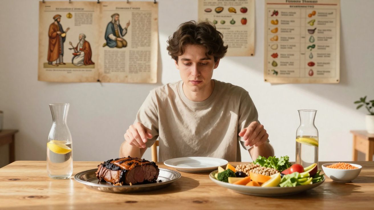 Jovem sentado à mesa com prato vazio, olhando para carne em um prato e legumes em outro à sua frente.