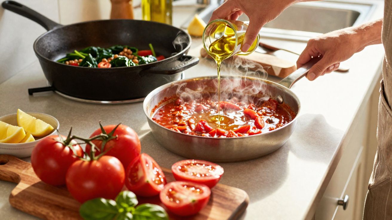 Mão despejando azeite em panela com molho de tomate e legumes na cozinha, tomates frescos na tábua.