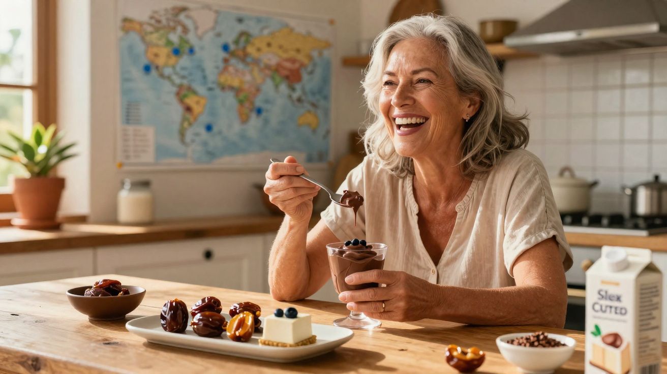 Mulher sorridente com cabelos grisalhos comendo sobremesa de chocolate na cozinha iluminada.