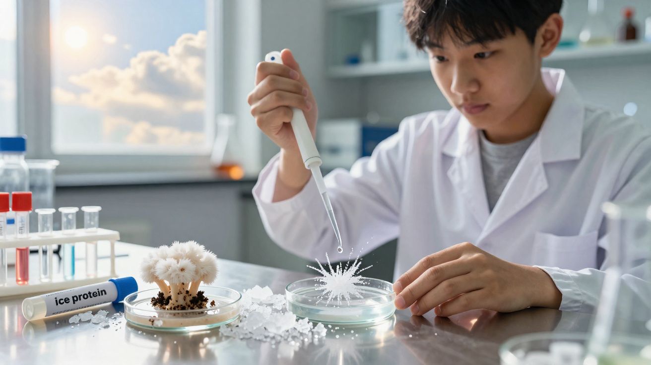 Cientista jovem manipulando pipeta em laboratório com tubos de ensaio e placas de Petri.