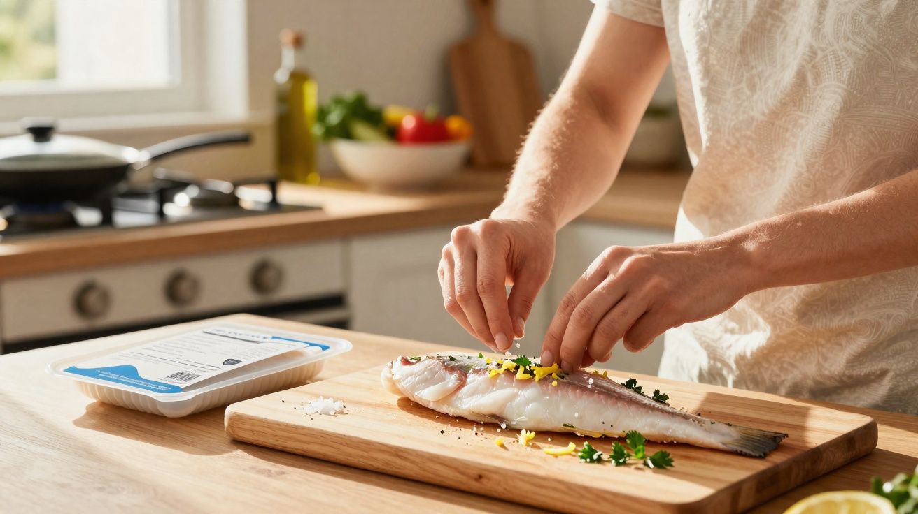 Pessoa temperando peixe cru com ervas e limão em tábua de madeira na cozinha.