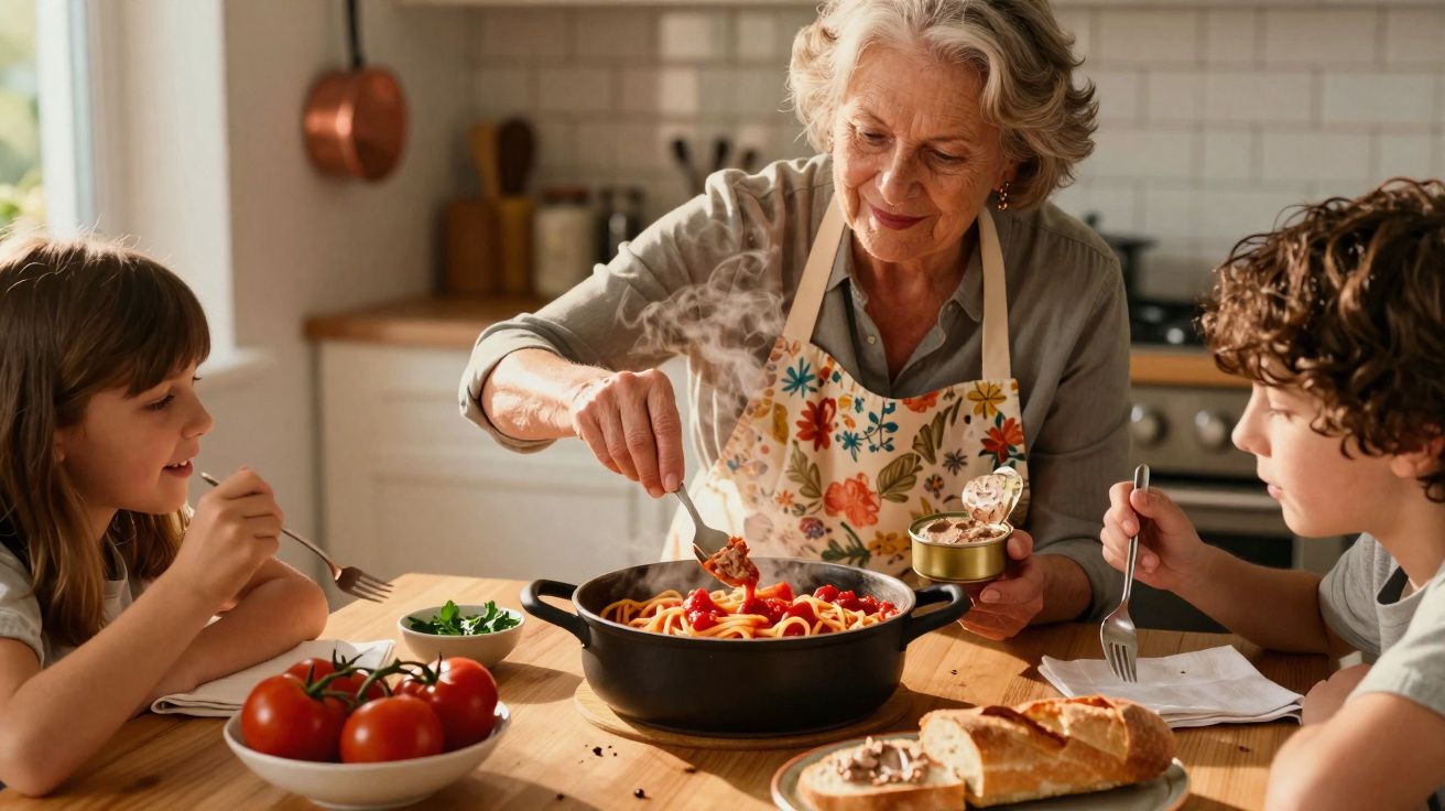 Idosa servindo macarrão fumegante para duas crianças à mesa de jantar aconchegante na cozinha.