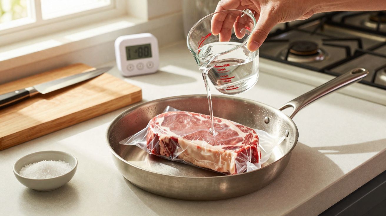 Pessoa despejando água de copo medidor em panela com bife selado a vácuo para cozimento sous vide.