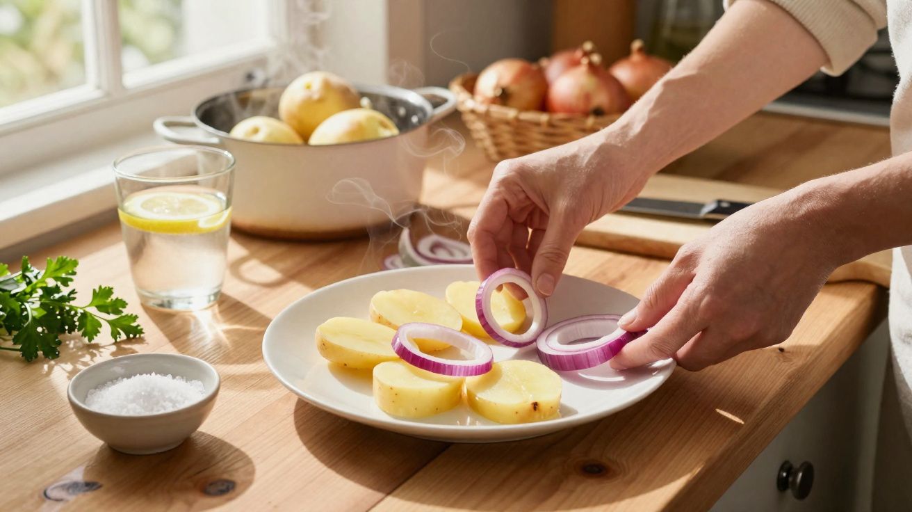 Mãos colocando rodelas de cebola roxa sobre batatas cortadas em um prato na cozinha iluminada.