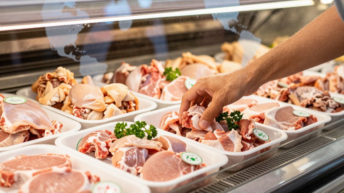 Pessoa escolhendo pedaço de carne em bandeja de açougue com várias opções de cortes frescos.