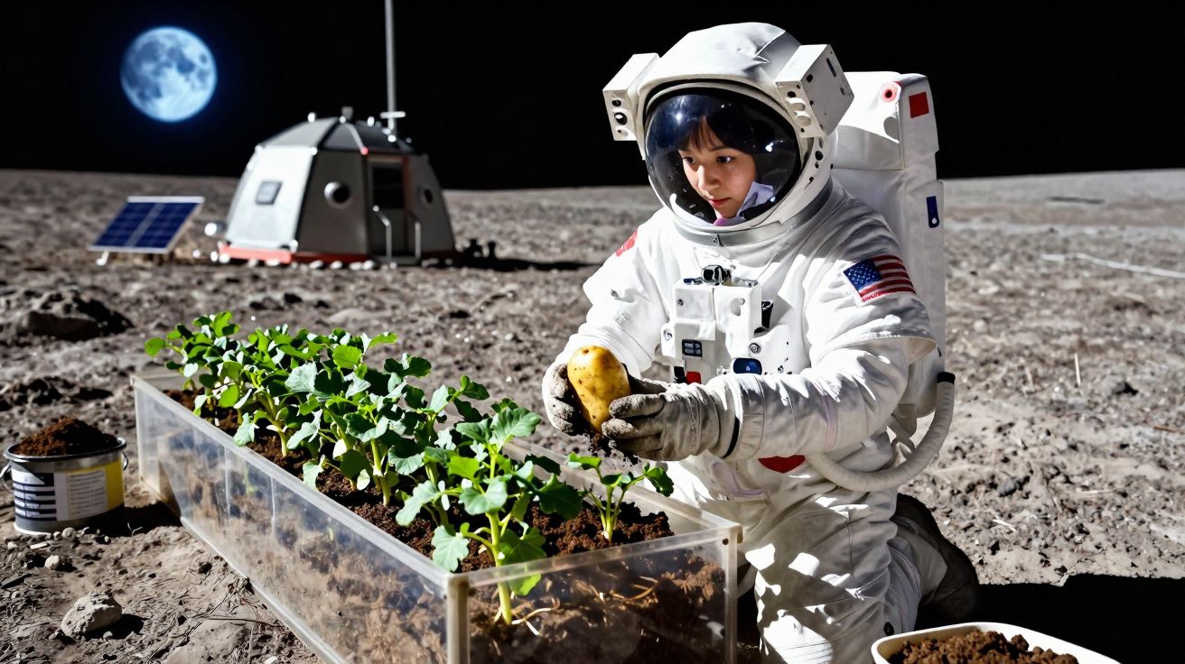 Astronauta colhendo batata em plantação lunar com base e Lua ao fundo.