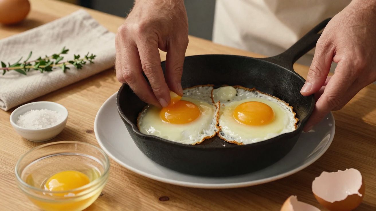 Mãos quebrando ovos para fritar em frigideira com dois ovos fritos, potes com ingredientes ao lado na mesa.