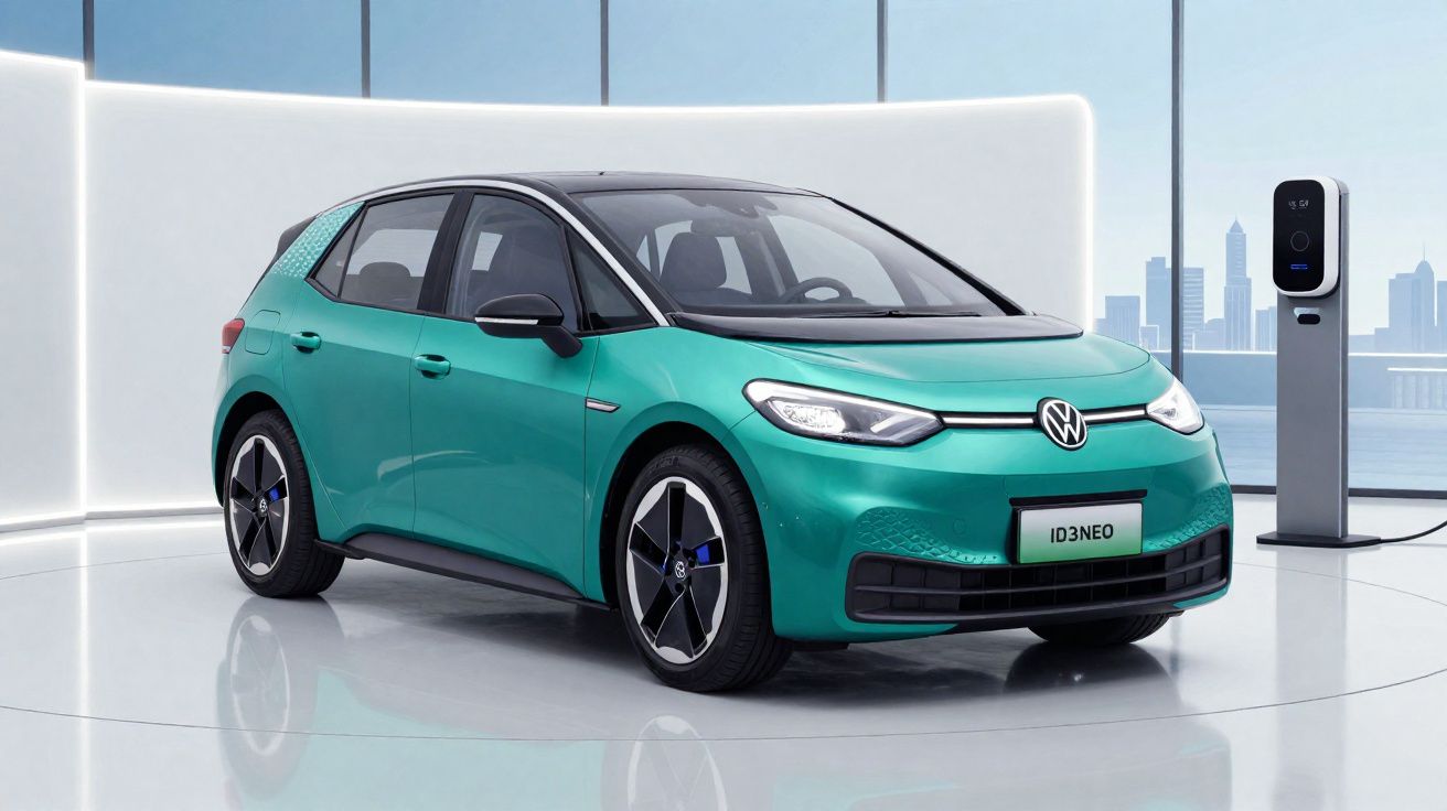 Carro elétrico Volkswagen ID.3 NEO verde em showroom moderno com estação de carregamento ao fundo.