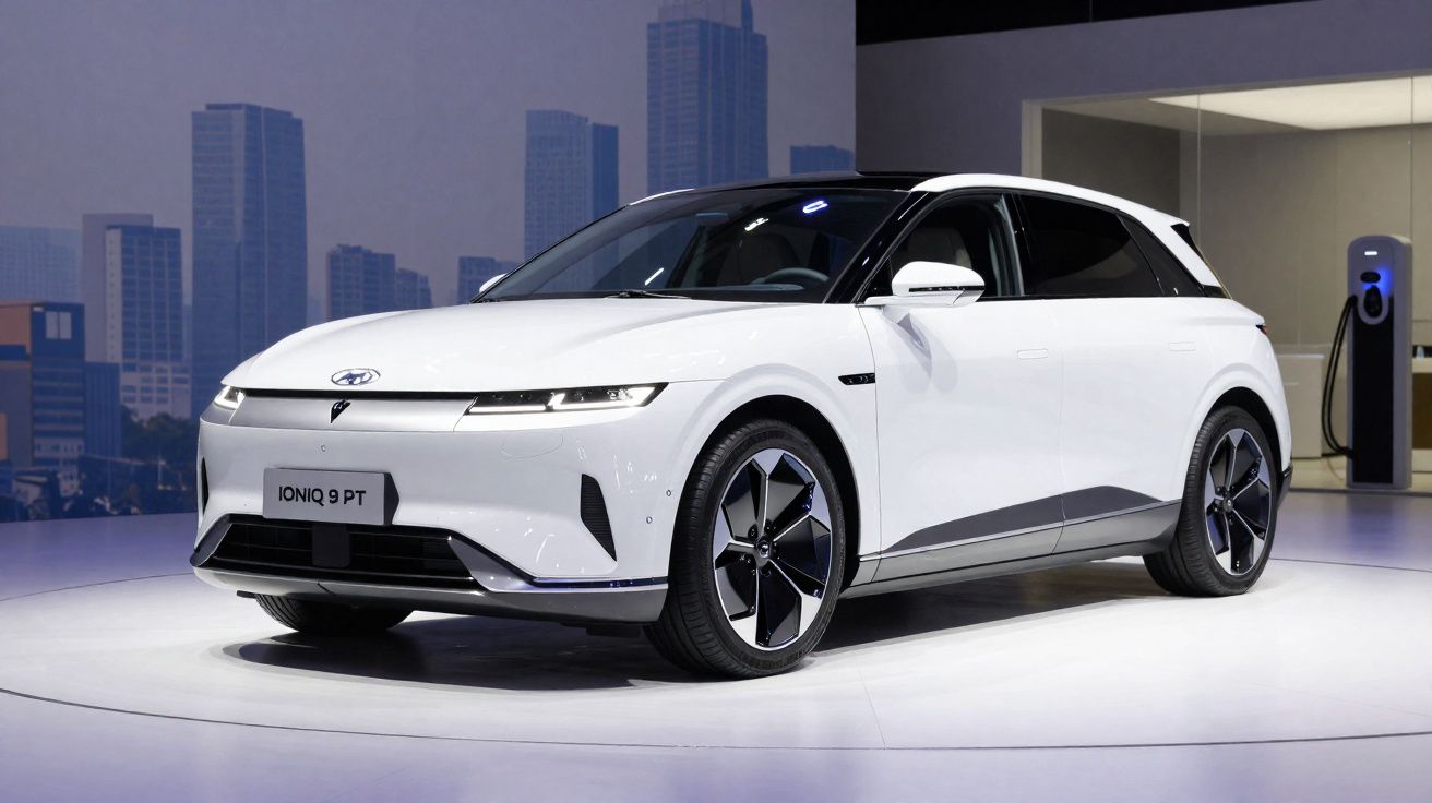 Carro elétrico Hyundai Ioniq 9 branco exposto em salão com fundo urbano e estação de recarga.