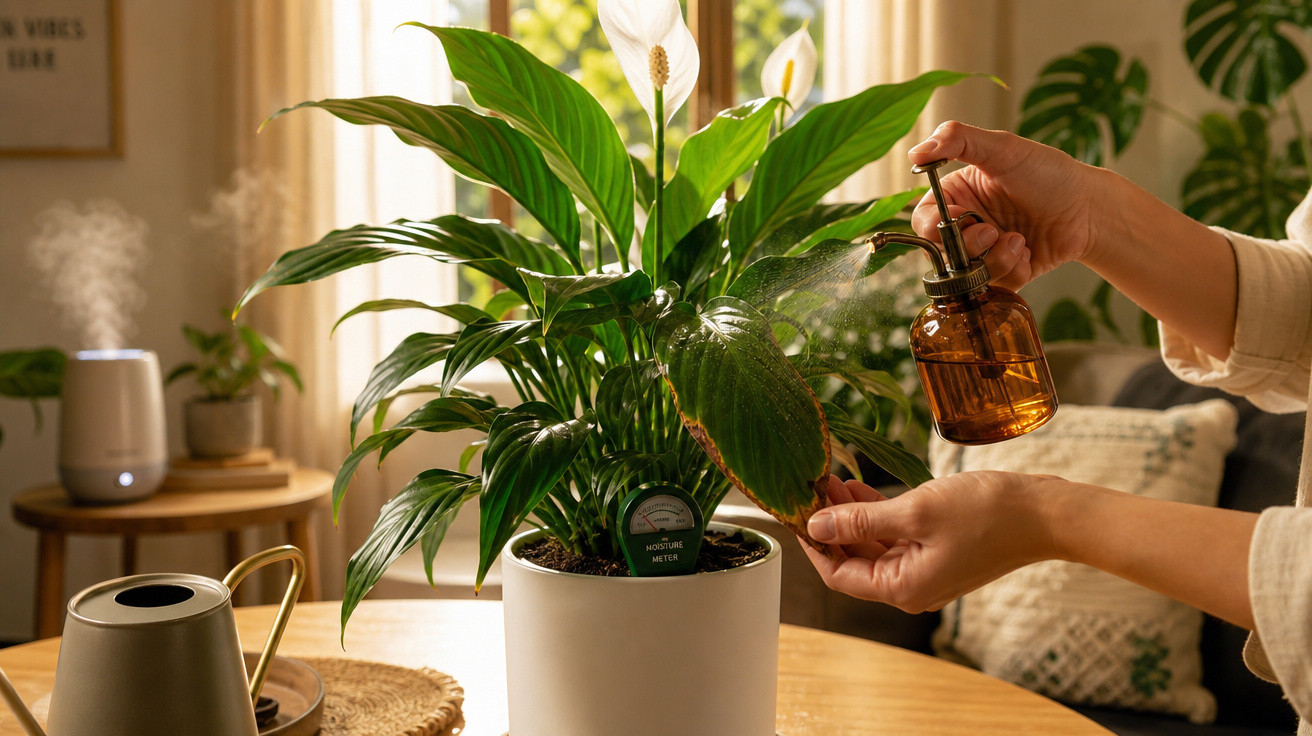 Pessoa borrifando água em planta com flores brancas em vaso branco dentro de sala iluminada.