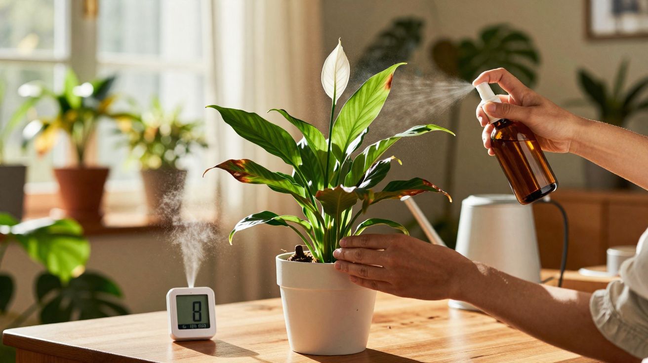 Pessoa borrifando água em planta verde dentro de vaso branco sobre mesa de madeira.