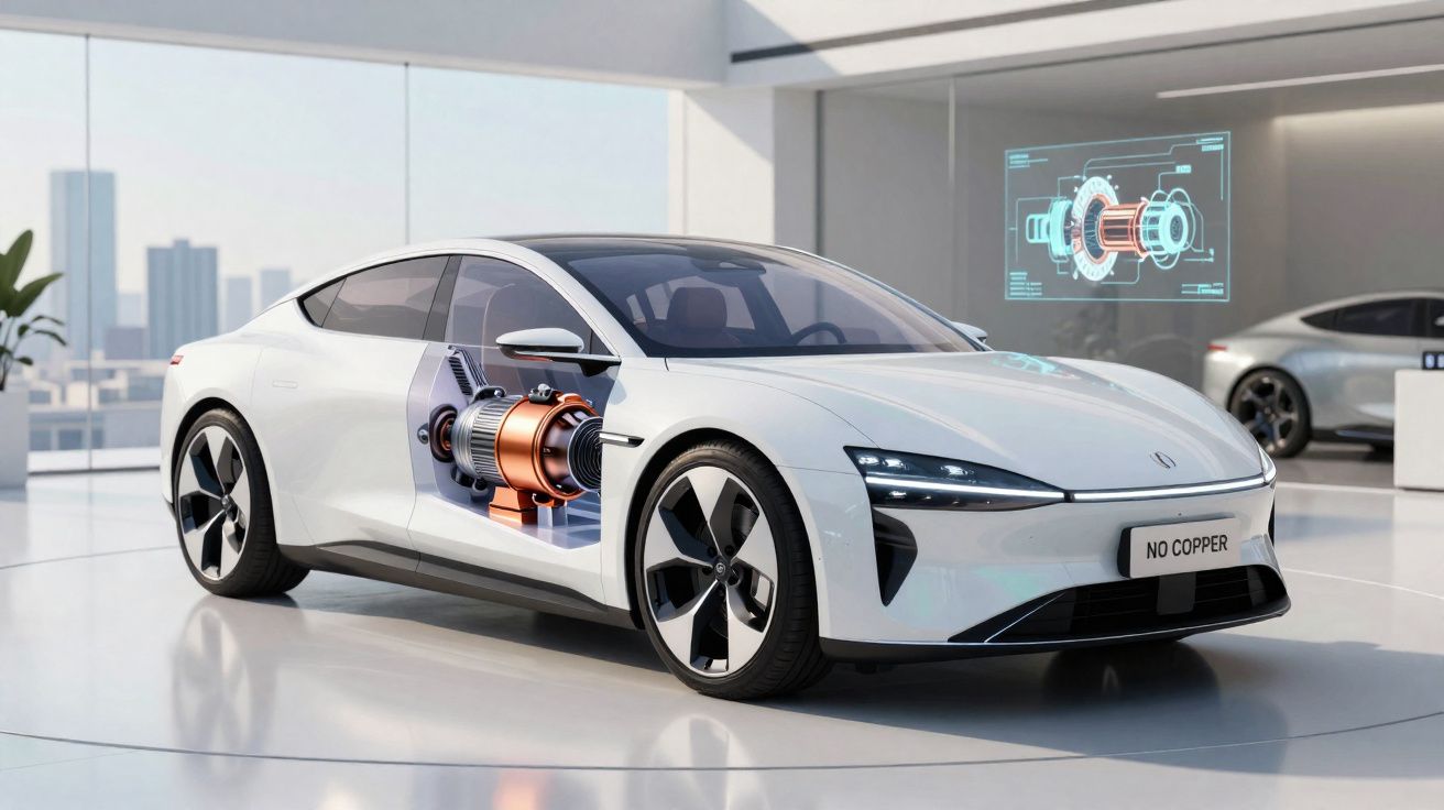 Carro elétrico branco em showroom com motor destacado e holograma técnico exibido ao fundo.
