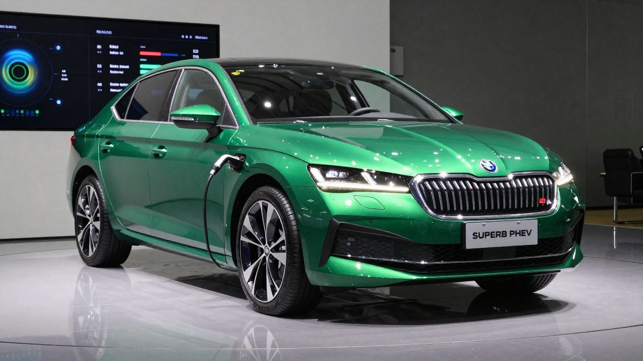 Carro elétrico verde Skoda Superb PHEV sendo carregado em exposição indoors.