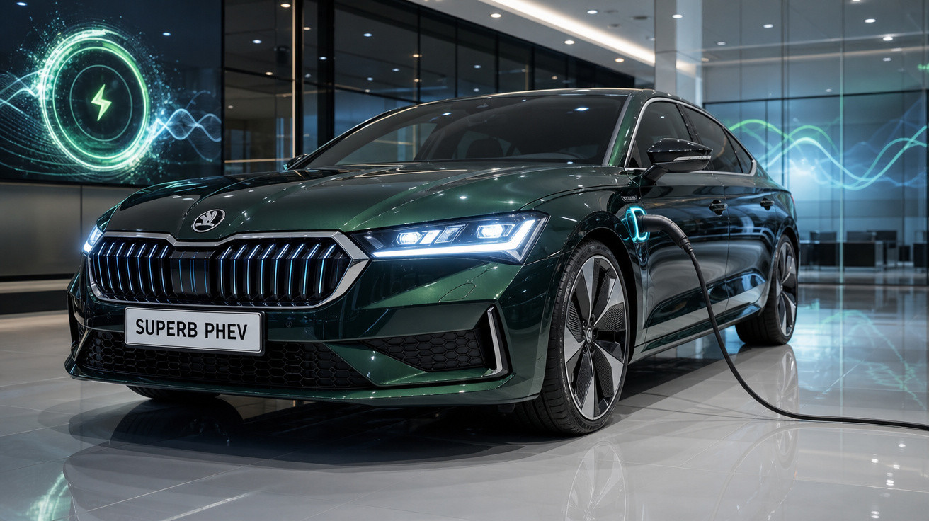 Carro elétrico verde Škoda Superb PHEV sendo carregado em showroom moderno e iluminado.