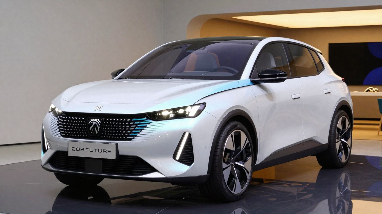 Carro Peugeot 208 Future branco exibido em sala moderna com luz suave e teto curvo.