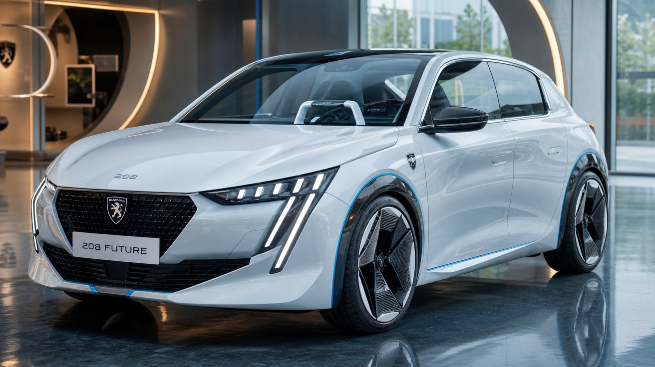 Peugeot 208 Future branco em exposição, com design moderno e faróis em LED verticais.