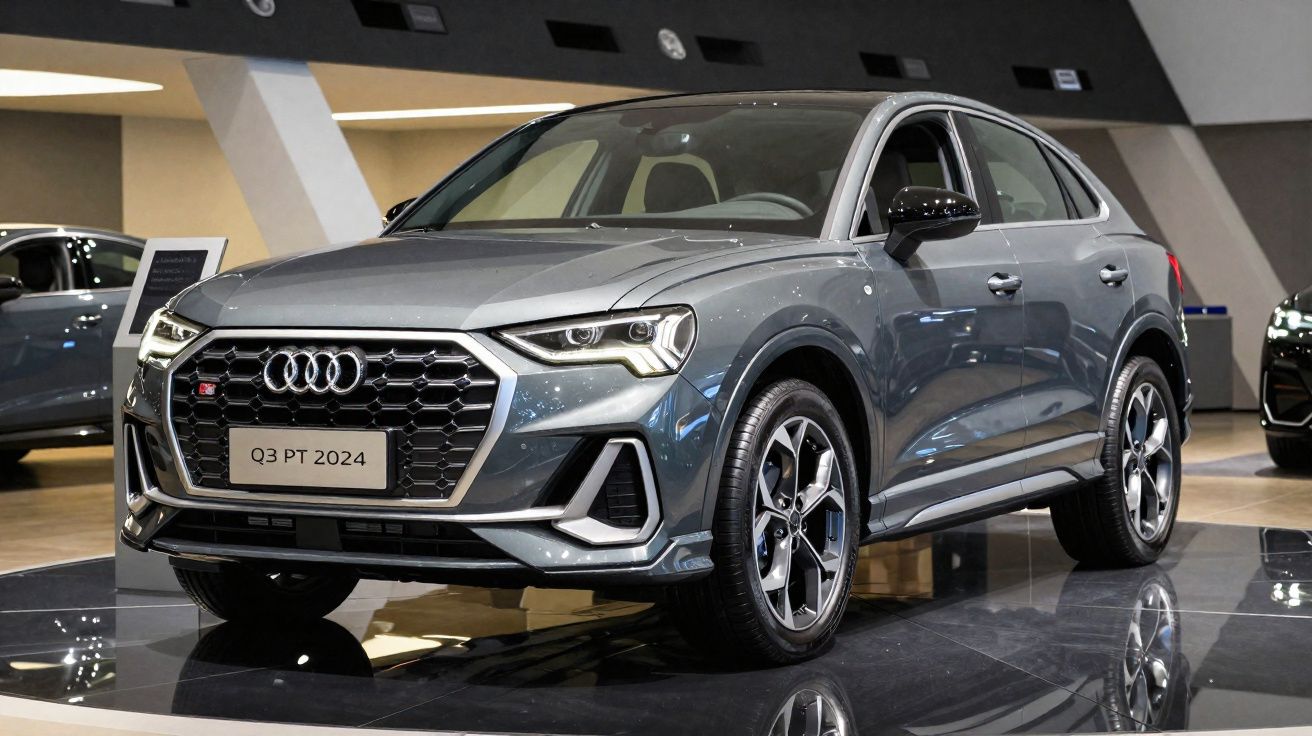 Audi Q3 Sportback 2024 cinza exposto em salão de carros com iluminação interna.