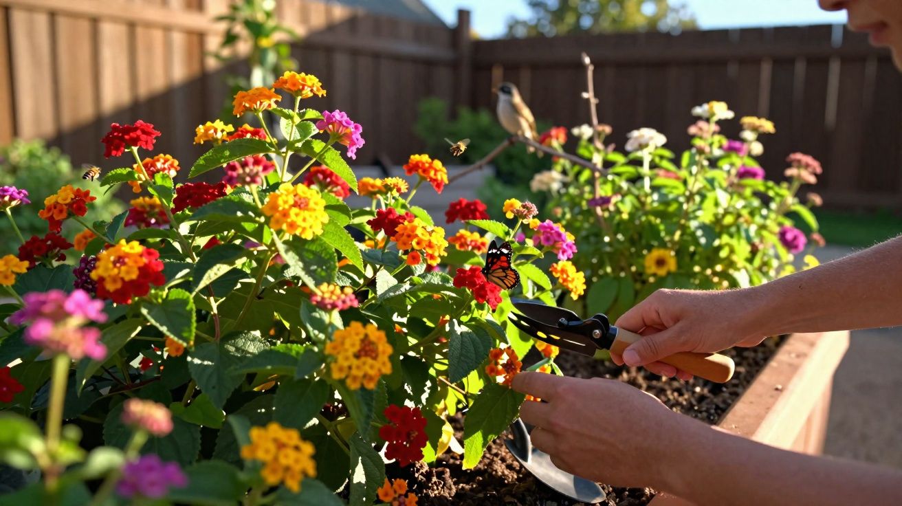 Mãos podando flores coloridas em um jardim com cerca de madeira ao fundo em dia ensolarado.