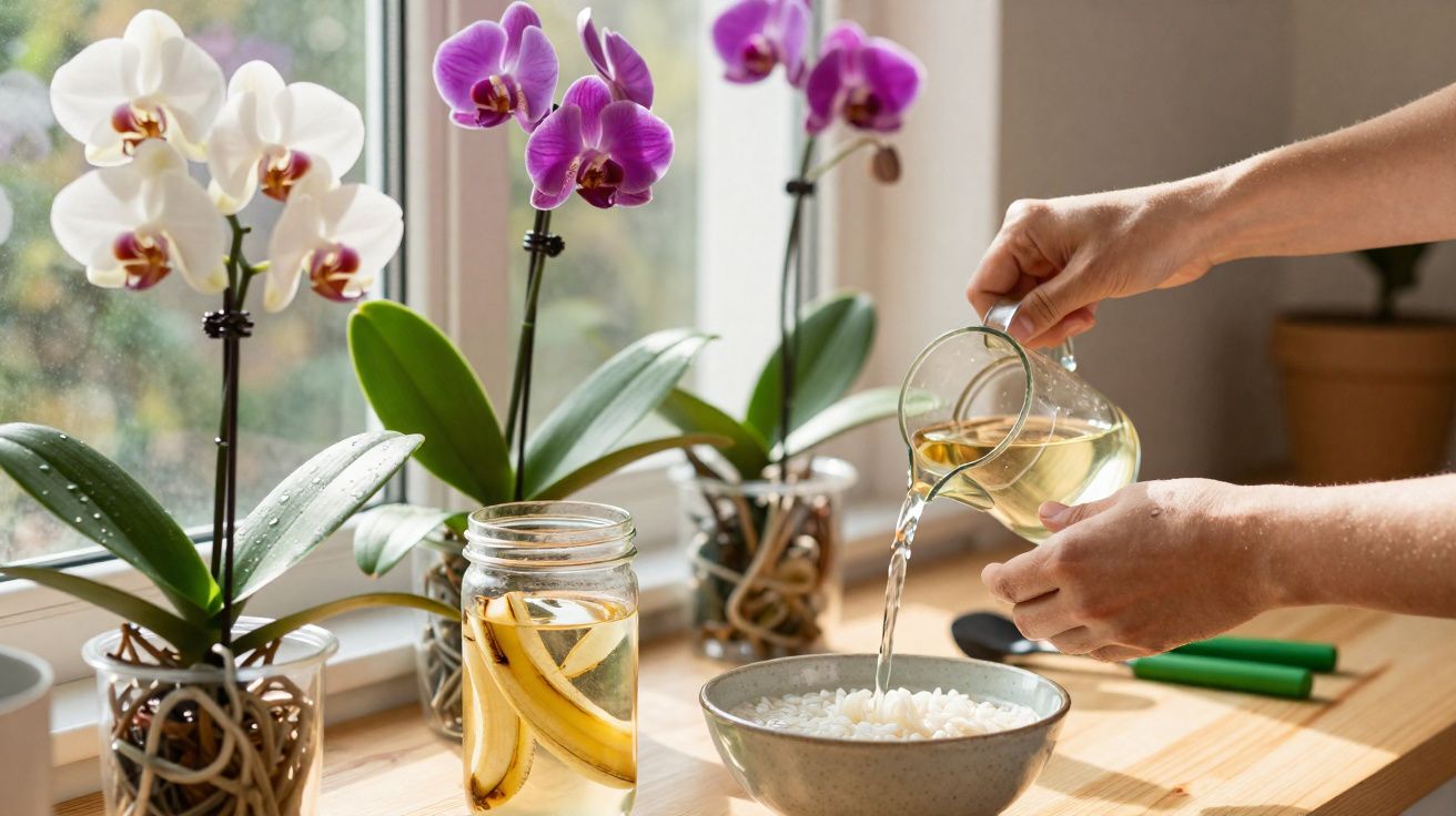 Mãos derramando água em um recipiente com raízes de orquídeas ao lado de vasos na janela.