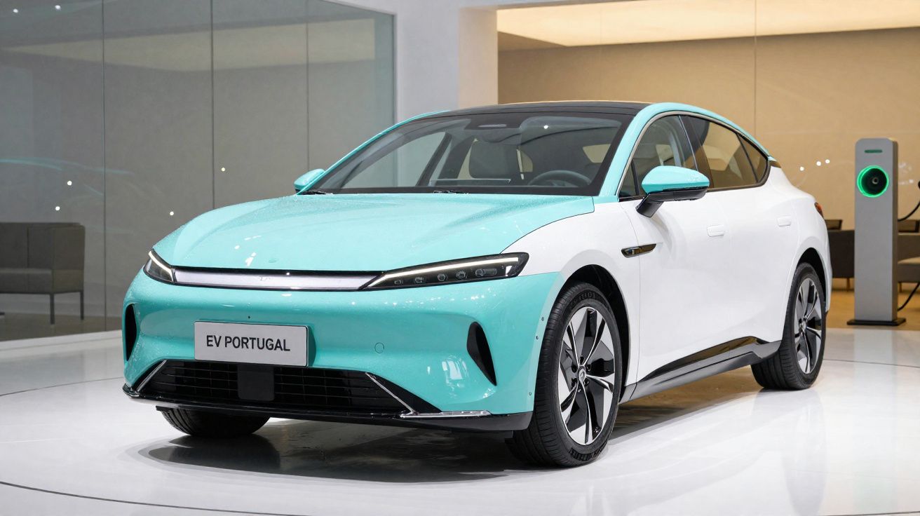 Carro elétrico azul e branco exposto em showroom moderno com estação de recarga ao fundo.