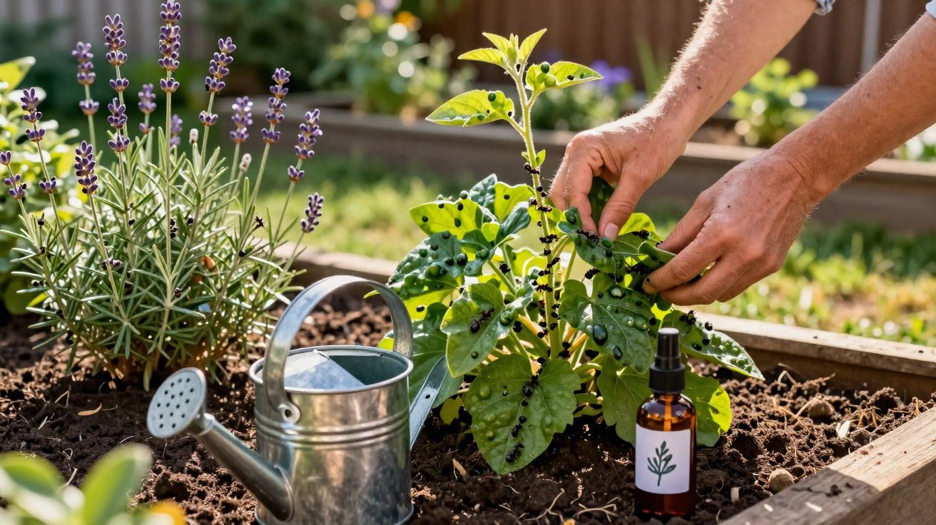 Mãos cuidando de planta com folhas verdes e bagas pretas em jardim, regador e frasco de spray ao lado.