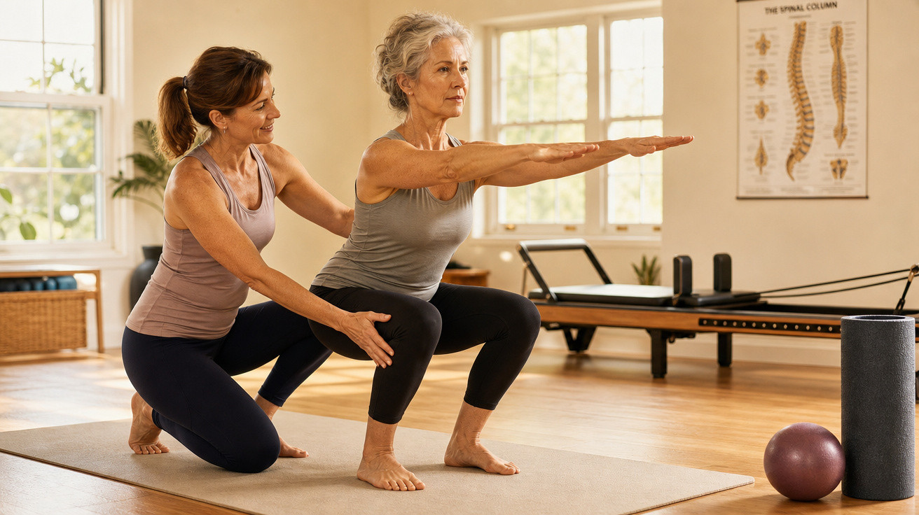 Instrutora ajuda mulher idosa a fazer exercício de agachamento em estúdio de pilates iluminado.