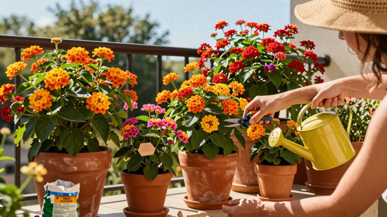 Pessoa regando e podando flores coloridas em vasos de barro em uma varanda ensolarada.