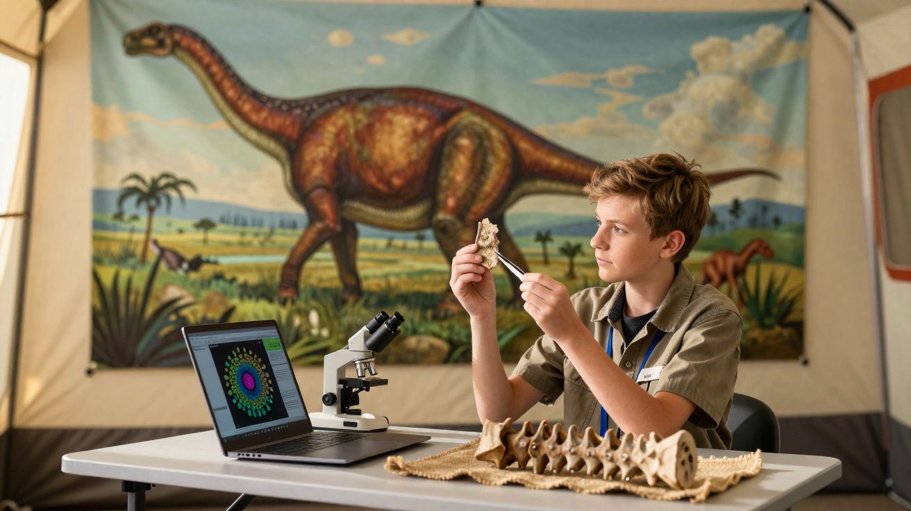 Criança analisando fóssil ao lado de microscópio e laptop, com decoração de dinossauros ao fundo.
